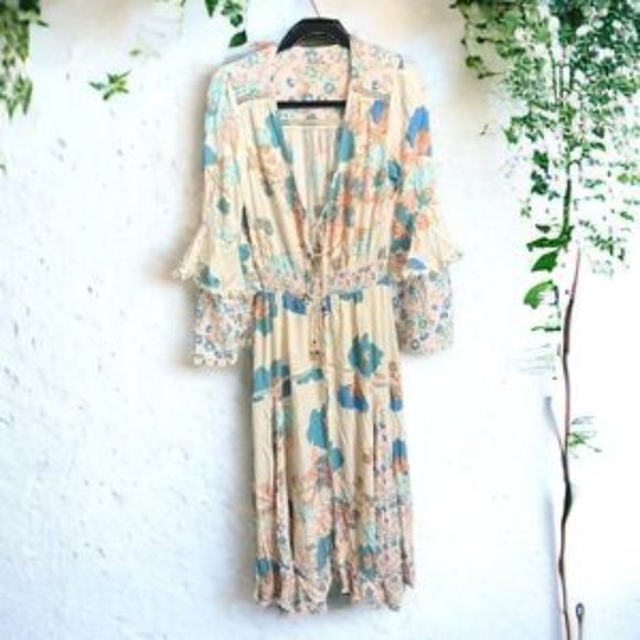 Free People Penny Printed Maxi Bodysuit Bell Sleeve Boho Dress - Picture 3 of 4